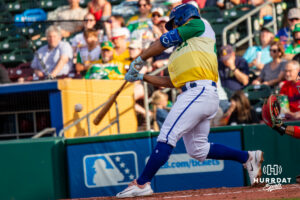 Omaha Storm Chaser Abraham Toro (21) hitting a baseball during a minor league baseball game against the Memphis Redbirds on Saturday, May 30, 2026, in Omaha, Neb. Photo by Jandi Green.