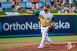 Omaha Storm Chaser Dan Altavilla (46) pitching during a minor league baseball game against the Memphis Redbirds on Saturday, May 30, 2026, in Omaha, Neb. Photo by Jandi Green.