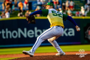 Omaha Storm Chaser Ben Sears (52) pitching during a minor league baseball game against the Memphis Redbirds on Saturday, May 30, 2026, in Omaha, Neb. Photo by Jandi Green.
