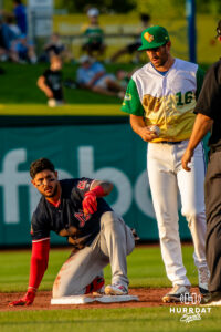 Memphis Redbird on base during a minor league baseball game against the Omaha Storm Chasers on Saturday, May 30, 2026, in Omaha, Neb. Photo by Jandi Green.