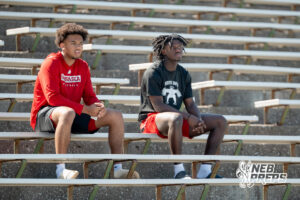 Millard South’s Trae Taylor and Tay Ellis watch during a 7-on-7 football game between Westside and Millard North on Wednesday, June 3, 2026, in Omaha, Nebraska. Photo by Jackson D. Luethje.