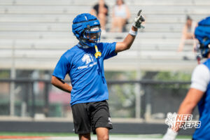 Millard North’s Tory Pittman III celebrates a pass breakup during a 7-on-7 football game against Westside on Wednesday, June 3, 2026, in Omaha, Nebraska. Photo by Jackson D. Luethje.