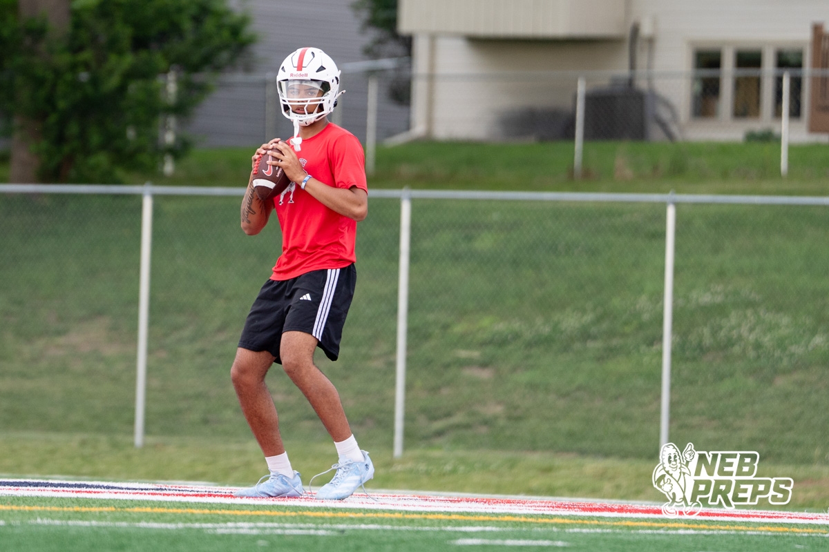 Millard South Trae Taylor throws during a football practice Thursday, June 4, 2026, in Omaha, Nebraska. Photo by Christian Naujokaitis.