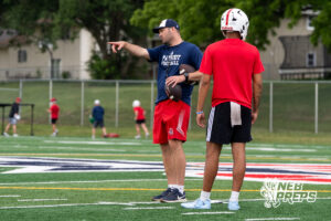 Millard South’s Head Coach Taylor Mendenhall and Trae Taylor during a football practice Thursday, June 4, 2026, in Omaha, Nebraska. Photo by Christian Naujokaitis.