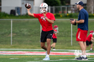 Millard South’s Trae Taylor throws during a football practice Thursday, June 4, 2026, in Omaha, Nebraska. Photo by Christian Naujokaitis.