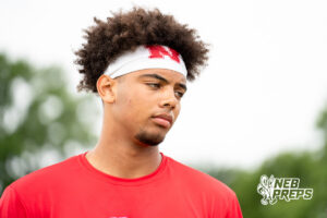 Millard South’s Trae Taylor interviewed by Mike Sautter during a football practice Thursday, June 4, 2026, in Omaha, Nebraska. Photo by Christian Naujokaitis.