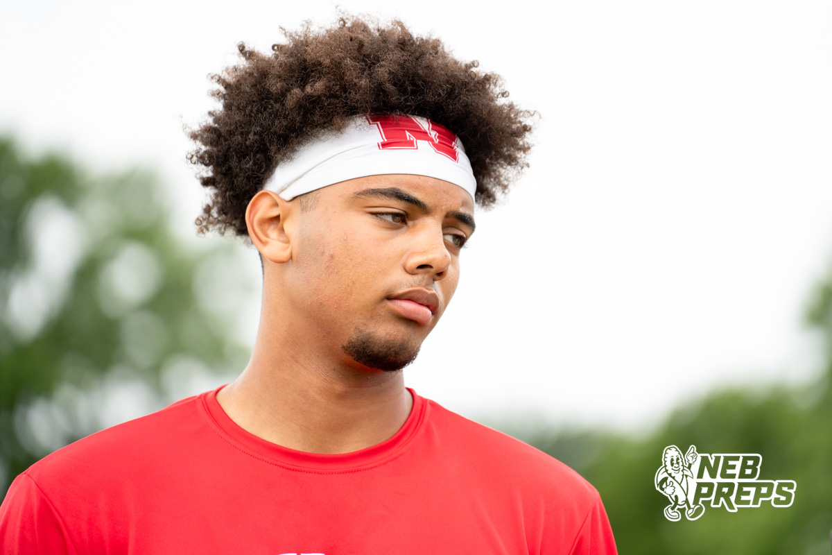 Millard South’s Trae Taylor interviewed by Mike Sautter during a football practice Thursday, June 4, 2026, in Omaha, Nebraska. Photo by Christian Naujokaitis.