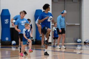 Creighton Bluejay Katrelle Harmon warms up during their yearly abilities camp on June 5, 2026, in Omaha, Nebraska. Photo by Brandon Tiedemann.