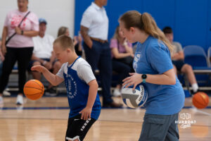 A Creighton Bluejay fan dribbles during their yearly abilities camp on June 5, 2026, in Omaha, Nebraska. Photo by Brandon Tiedemann.