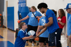 Creighton Bluejay Austin Swartz passes the ball during their yearly abilities camp on June 5, 2026, in Omaha, Nebraska. Photo by Brandon Tiedemann.
