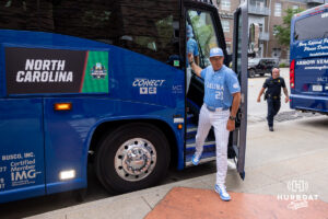 North Carolina Tar Heel 2026 head coach Scott Forbes steps off the bus, arriving at Charles Schwab Field during the CWS media day on Thursday, June 11, 2026, in Omaha, Neb. Photo by John S. Peterson.