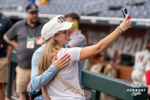 Troy fans takes a selfie during the CWS media day on June 11, 2026, in Omaha, Nebraska. Photo by Brandon Tiedemann.