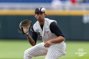 Troy Trojan 2026 Gavin Schrader (7) fields the ball during the CWS media day on Thursday, June 11, 2026, in Omaha, Neb. Photo by John S. Peterson.