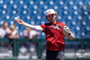 Alabama Crimson Tide infielder throws the ball to first during the CWS media day on Thursday, June 11, 2026, in Omaha, Neb. Photo by John S. Peterson.