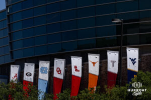 Team banners hung on the outside of Charles Schwab Filed during the CWS media day on Thursday, June 11, 2026, in Omaha, Neb. Photo by John S. Peterson.