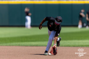 Georgia Bulldog 2026 infielder Ryan Wynn (0) scoops up the ball during the CWS media day on Thursday, June 11, 2026, in Omaha, Neb. Photo by John S. Peterson.
