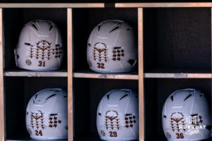Texas Longhorns batting helmets during the CWS media day on Thursday, June 11, 2026, in Omaha, Neb. Photo by John S. Peterson.