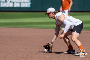 Texas Longhorn Ashton Larson (44) fields a ground ball during the CWS media day on June 11, 2026, in Omaha, Nebraska. Photo by Brandon Tiedemann.