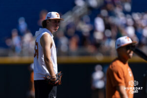 Texas Longhorn 2026 pitcher Dylan Volantis (99) practices throwing a pitch during the CWS media day on Thursday, June 11, 2026, in Omaha, Neb. Photo by John S. Peterson.