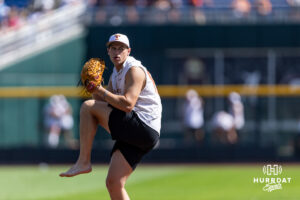 Texas Longhorn 2026 pitcher Brett Crossland (88) practices throwing a pitch during the CWS media day on Thursday, June 11, 2026, in Omaha, Neb. Photo by John S. Peterson.