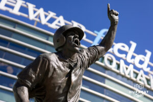 The Road to Omaha statue photographed out front of Charles Schwab Field during the CWS media day on Thursday, June 11, 2026, in Omaha, Neb. Photo by John S. Peterson.