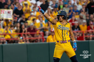 Savannah Banana KJ Jackson (4) celebrates during a Banana ball game on June 13, 2026, in Omaha, Nebraska. Photo by Brandon Tiedemann.