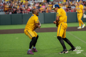Savannah Banana Danny Hosley (18) dances during a Banana ball game on June 13, 2026, in Omaha, Nebraska. Photo by Brandon Tiedemann.