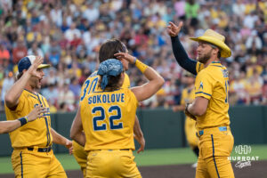 Savannah Banana Kyle Luigs (12) celebrates during a Banana ball game on June 13, 2026, in Omaha, Nebraska. Photo by Brandon Tiedemann.
