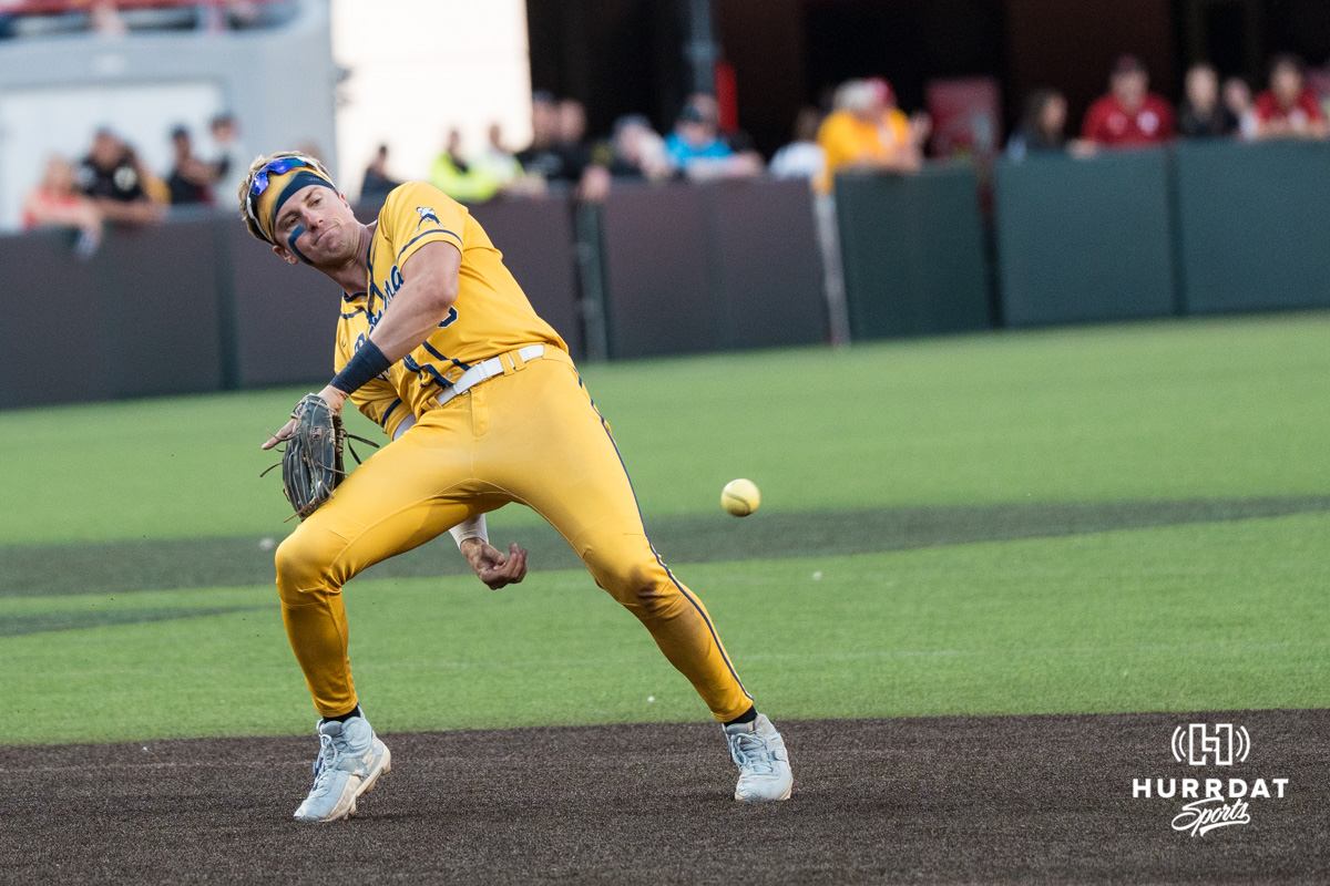 Savannah Banana Jackson Olson (8) throws the ball during a Banana ball game on June 13, 2026, in Omaha, Nebraska. Photo by Brandon Tiedemann.