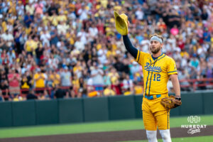 Savannah Banana Kyle Luigs (12) thanks the crowd during a Banana ball game on June 13, 2026, in Omaha, Nebraska. Photo by Brandon Tiedemann.