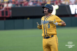 Savannah Banana Max Jung-Goldberg (9) celebrates during a Banana ball game on June 13, 2026, in Omaha, Nebraska. Photo by Brandon Tiedemann.