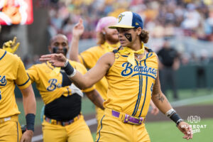 Savannah Banana KJ Jackson (4) dances during a Banana ball game on June 13, 2026, in Omaha, Nebraska. Photo by Brandon Tiedemann.