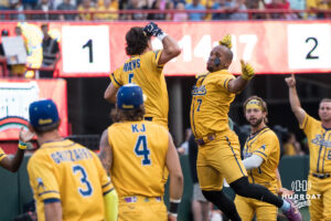 Savannah Banana Ty Jackson (7) celebrates during a Banana ball game on June 13, 2026, in Omaha, Nebraska. Photo by Brandon Tiedemann.