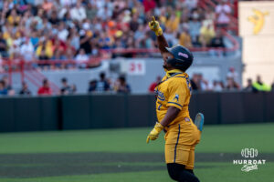 Savannah Banana Ty Jackson (7) cheers during a Banana ball game on June 13, 2026, in Omaha, Nebraska. Photo by Brandon Tiedemann.