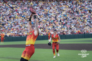 Firefighter Mason Maxwell (7) tips the ball during a Banana ball game on June 13, 2026, in Omaha, Nebraska. Photo by Brandon Tiedemann.