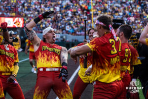 Firefighters Mason Maxwell (7) dances during a Banana ball game on June 13, 2026, in Omaha, Nebraska. Photo by Brandon Tiedemann.