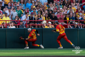 Firefighter Tyner Hughes (55) catches a fly ball during a Banana ball game on June 13, 2026, in Omaha, Nebraska. Photo by Brandon Tiedemann.
