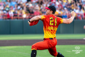Firefighter Jared Donalson (21) pitches during a Banana ball game on June 13, 2026, in Omaha, Nebraska. Photo by Brandon Tiedemann.