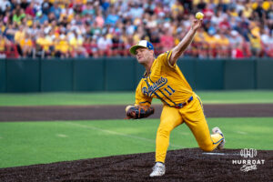 Savannah Banana Austin Drury (11) pitches during a Banana ball game on June 13, 2026, in Omaha, Nebraska. Photo by Brandon Tiedemann.