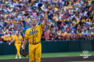 Savannah Banana Austin Drury (11) thanks a fan during a Banana ball game on June 13, 2026, in Omaha, Nebraska. Photo by Brandon Tiedemann.