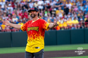 Eric Crouch throws out the first pitch during a Banana ball game on June 13, 2026, in Omaha, Nebraska. Photo by Brandon Tiedemann.