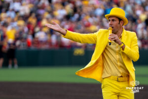 Savannah Banana Jesse Cole talks with the crowd during a Banana ball game on June 13, 2026, in Omaha, Nebraska. Photo by Brandon Tiedemann.
