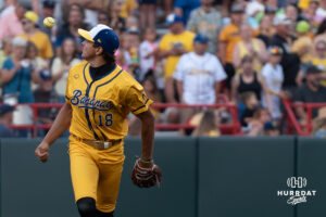Savannah Banana Danny Hosley (18) flips a ball in the air during a Banana ball game on June 13, 2026, in Omaha, Nebraska. Photo by Brandon Tiedemann.