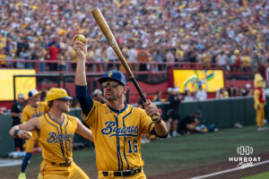 Savannah Banana Adam Virant (16) dances during a Banana ball game on June 13, 2026, in Omaha, Nebraska. Photo by Brandon Tiedemann.