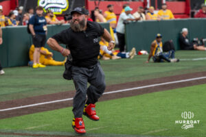 Savannah Bananas dancing umpire dances during a Banana ball game on June 13, 2026, in Omaha, Nebraska. Photo by Brandon Tiedemann.