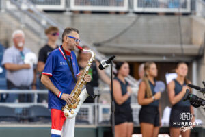 A saxophone used to play the National Anthem before the North Carolina Tar Heels takes on the West Virginia Mountaineers during the College World Series baseball tournament on Sunday, June 14, 2026, in Omaha, Neb. Photo by John S. Peterson.