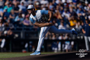 North Carolina Tar Heel pitcher Ryan Lynch (53) throws a pitch against the West Virginia Mountaineers in the first inning during the College World Series baseball tournament on Sunday, June 14, 2026, in Omaha, Neb. Photo by John S. Peterson.