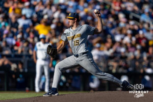 West Virginia Mountaineer pitcher Maxx Yehl (15) throws a pitch against the North Carolina Tar Heels in the fifrst inning during the College World Series baseball tournament on Sunday, June 14, 2026, in Omaha, Neb. Photo by John S. Peterson.