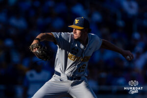 West Virginia Mountaineer pitcher Maxx Yehl (15) throws pitch against the North Carolina Tar Heels in the fourth inning during the College World Series baseball tournament on Sunday, June 14, 2026, in Omaha, Neb. Photo by John S. Peterson.