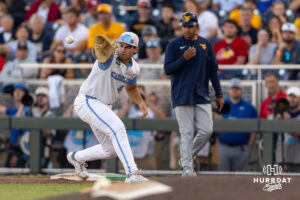 North Carolina Tar Heel 2026 utility Erik Paulsen (44) makes an out against West Virginia Mountaineers in the fifth inning during the College World Series baseball tournament on Sunday, June 14, 2026, in Omaha, Neb. Photo by John S. Peterson.